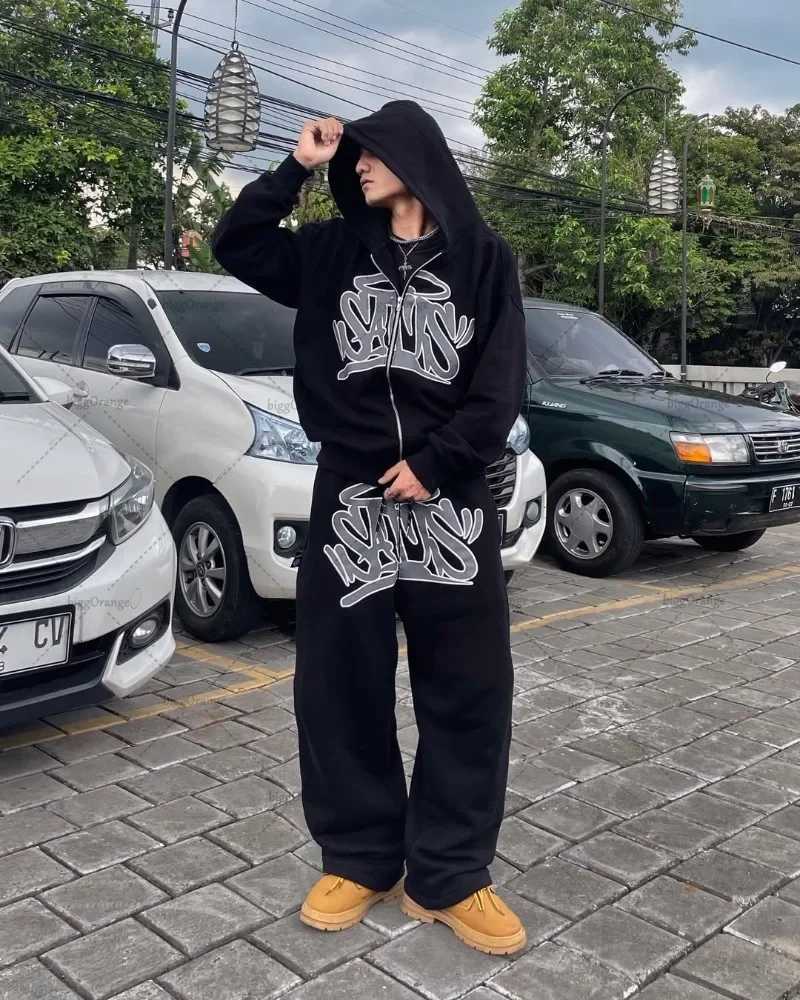 Hip Hop Rock Gothic Punk Oversized Zipper Hoodie Set Men Y2k Harajuku Vintage American Letter Print Pants Wide Leg Pants Women X250718