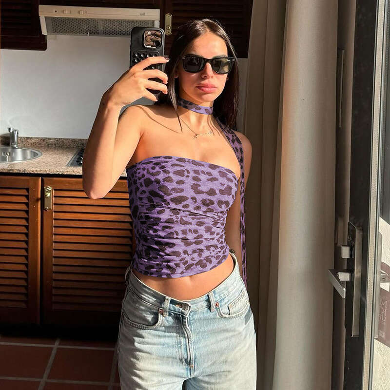 Summer New Leopard Print Sexy Pure Desire Style Off-Shoulder Slim Fit Tank Top B5