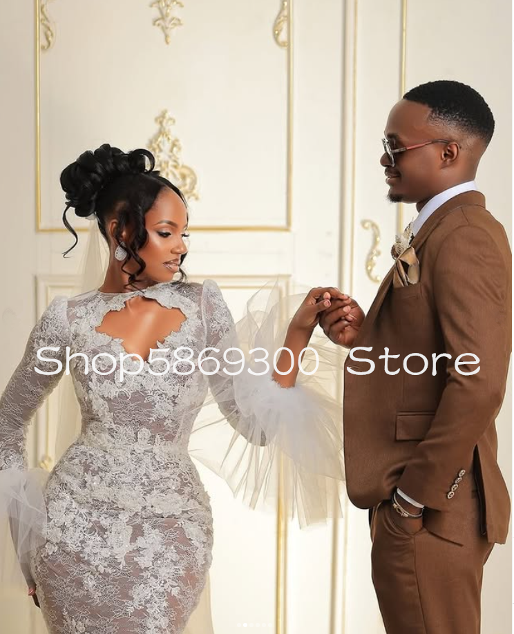 Mermaid Beach African Wedding Dresses With Long Sleeve Lace Applique Tulle Aso Ebi Garden Church Bridal Gown Customsized