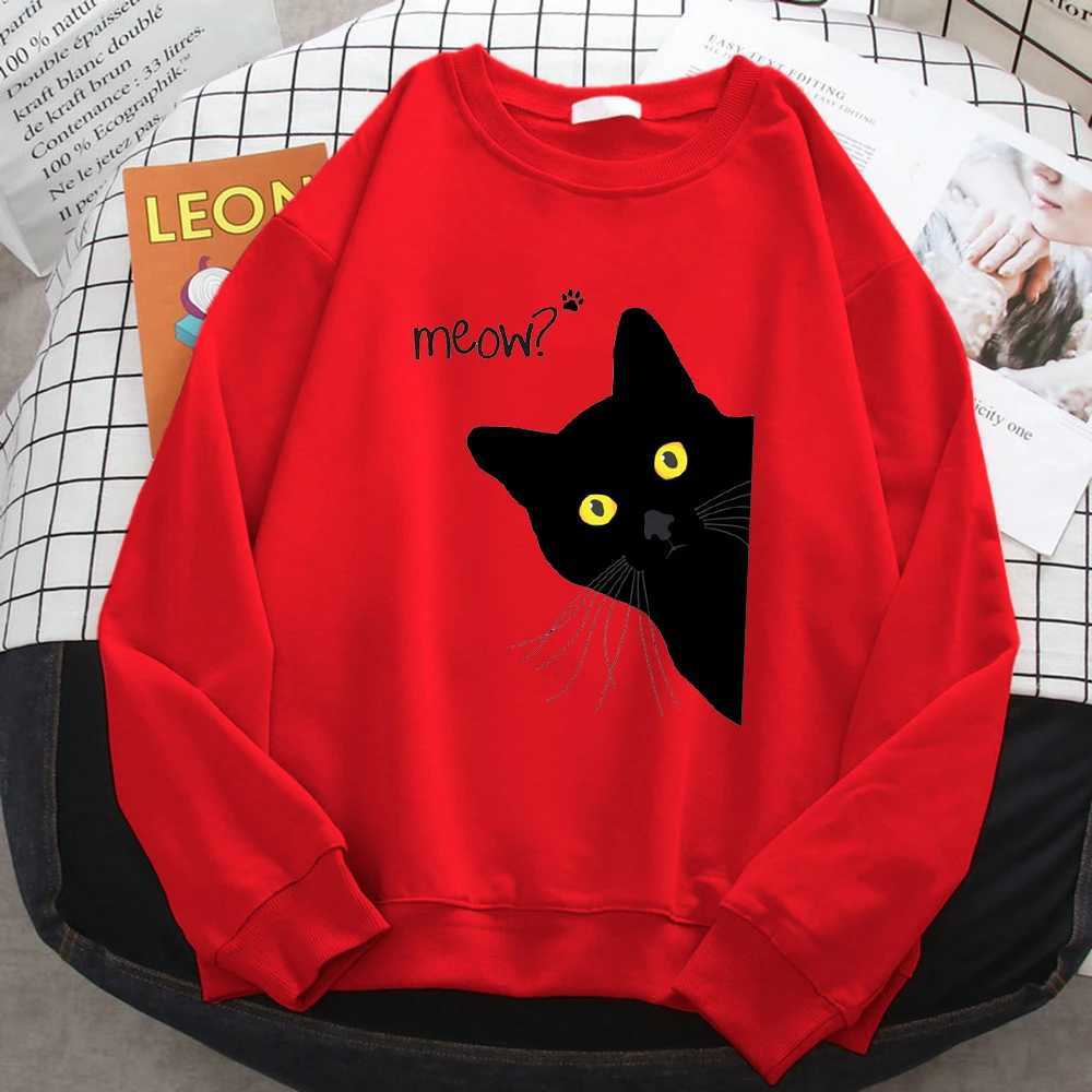 Winter Harajuku Woman Sweatshirt Meow Black Cat Printing Hoodies Comfortable All-Math Pullover Crewneck Loose Fe Clothes XJ250717