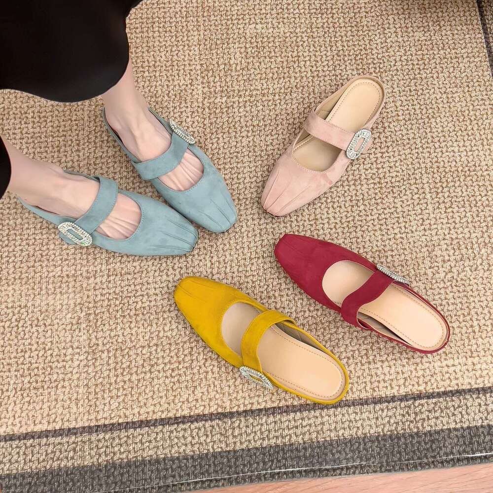 2025 French Style Half-Slip Mules Women's with Hidden Wedge Thick Sole Elegant Small Square Toe Ruched Mary Jane Shoes for Women