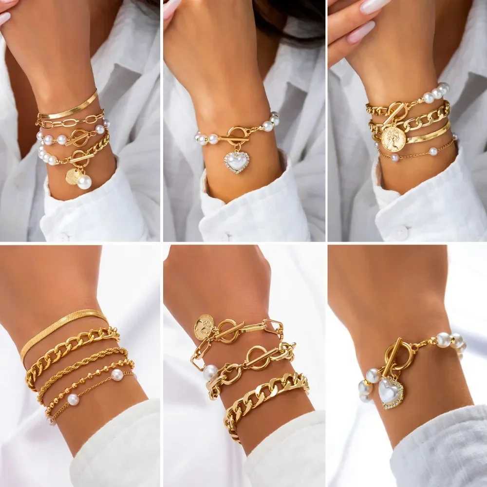 2024 New Fashion Imitation Pearl Crystal Chain Bracelet Set for Women Luxury Gold Color Stainless Steel Bangle Jewelry Set X250718