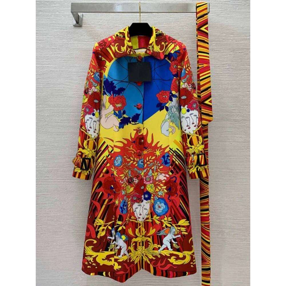 Fashion Ladies Printed Lapel Long-Sleeved Belt Windbreaker Coat Spring And Autumn New Single-Breasted Retro Joker Dress