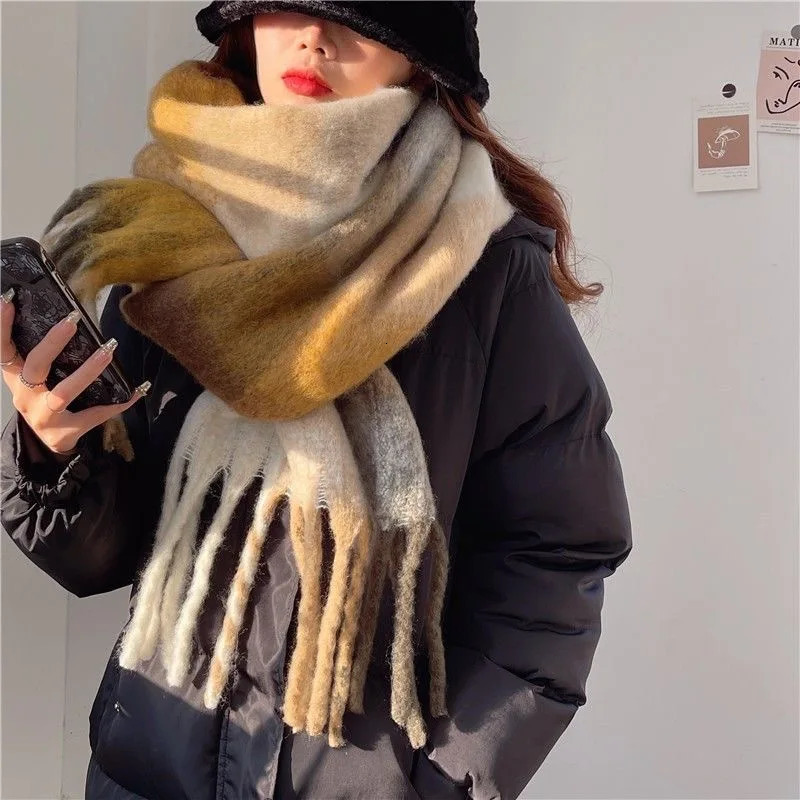 Winter Thick Warm Scarf Women Cashmere Shawl and Wraps Pashmina Neckerchief Scarf Female Rainbow Hairy Tassel Scarf 250717