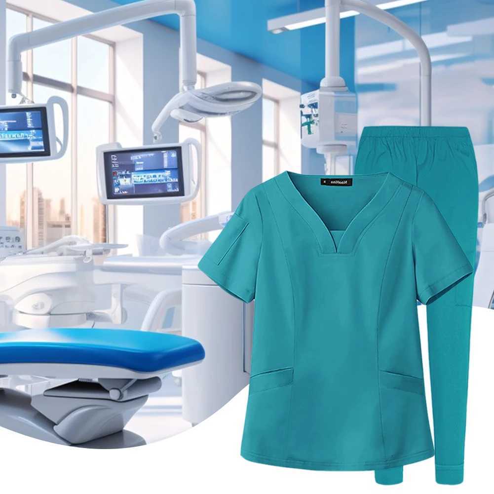 Unisex Medical Nurse Beauty Salon Workwear V-Neck Doctor Nurse Scrubs Set Hospital Surgical Work Clothes for Women Men Z250718