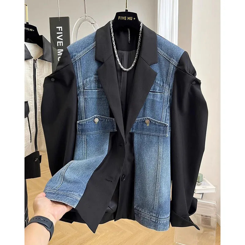 2025 Fashion Spring Autumn Denim Splicing Blazer Womens Korean Long Sleeve Casual Elegant Ladies Suit Female Outerwear Tops 250715