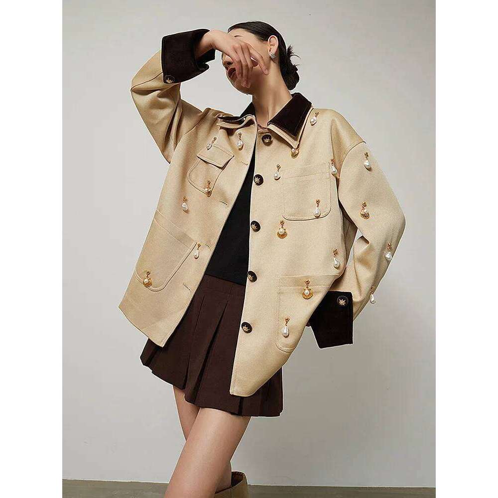 Elegant Women Pearl Embellished Jacket Long Sleeve Button Down Pocket Coat Contrast Collar Vintage Style Outerwear for Ladies