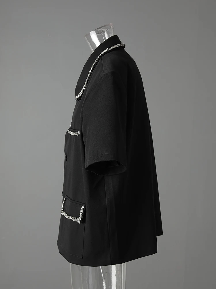 EAM Women Black Rhinestones Elegant Big Size Blazer Lapel Short Sleeve Jacket Fashion Spring Summer CPG3617 250703