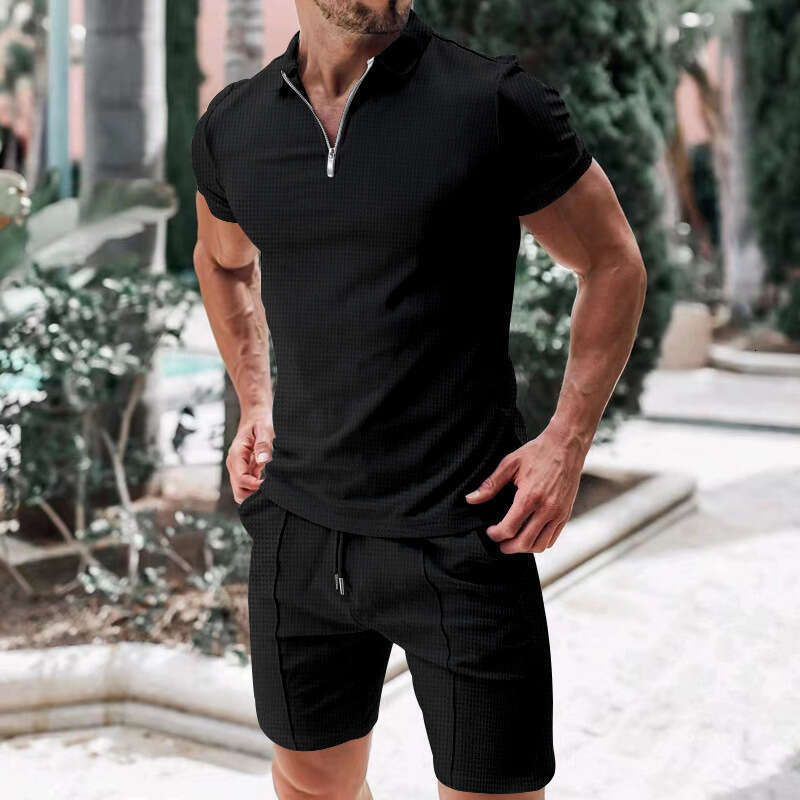 Summer Men's Zipper Polo T-Shirt Casual Loose Short Sleeve Shorts Sports Set B5