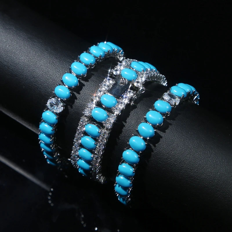 Fashion Jewelry Turquoise Blue Double Row White CZ Stone Tennis Bracelet for Women with Platinum Plated Color Chain 17cm 19cm 250717