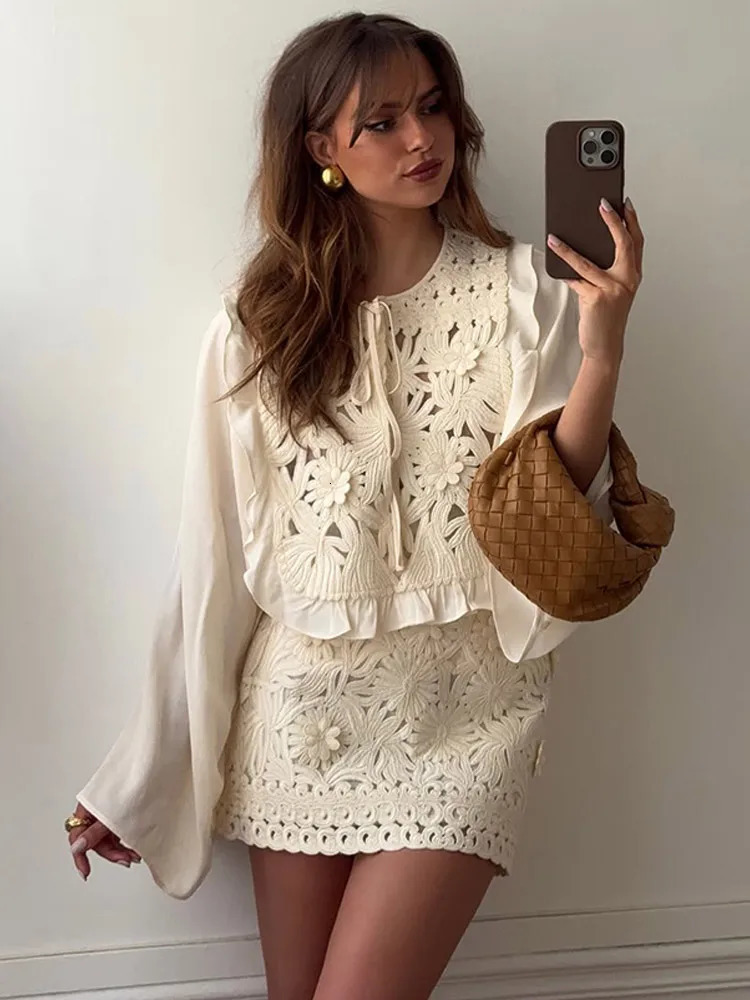 Retro Crochet Patchwork Mini Skirt Suits Women Chic O Neck Long Sleeve Lace Up Shirts Set Lady Summer High Street Outwear 2025 250715
