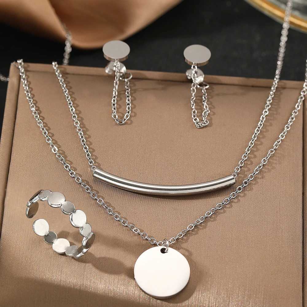 Stainless Steel Jewelry Set Round Ring Tassel Earrings Double Layer Necklace Simple Jewelry Set For Women Jewelry Festival Gift X250718
