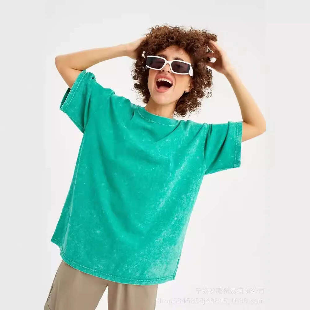 Spring Summer New Solid Color T-Shirt Women Washed Vintage Wax-Dyed Top Pure Cotton Short Sleeve B5
