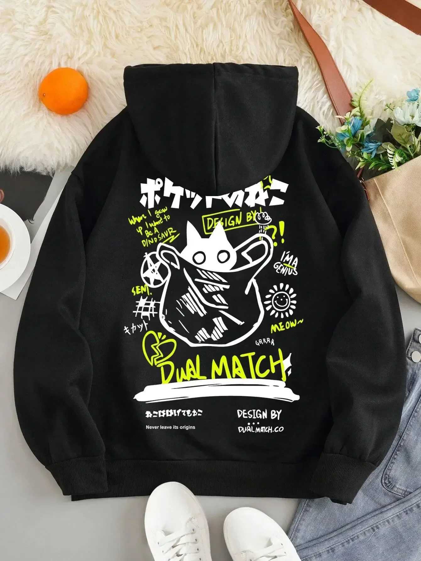 New Cartoon Cat Printing Pullover Hoodie For Adults Long Sweat Streetwear Daily Casual Harajuku Top Hooded Basic Unisex XJ250717