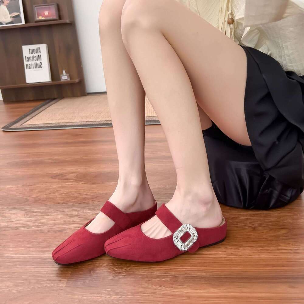 2025 French Style Half-Slip Mules Women's with Hidden Wedge Thick Sole Elegant Small Square Toe Ruched Mary Jane Shoes for Women