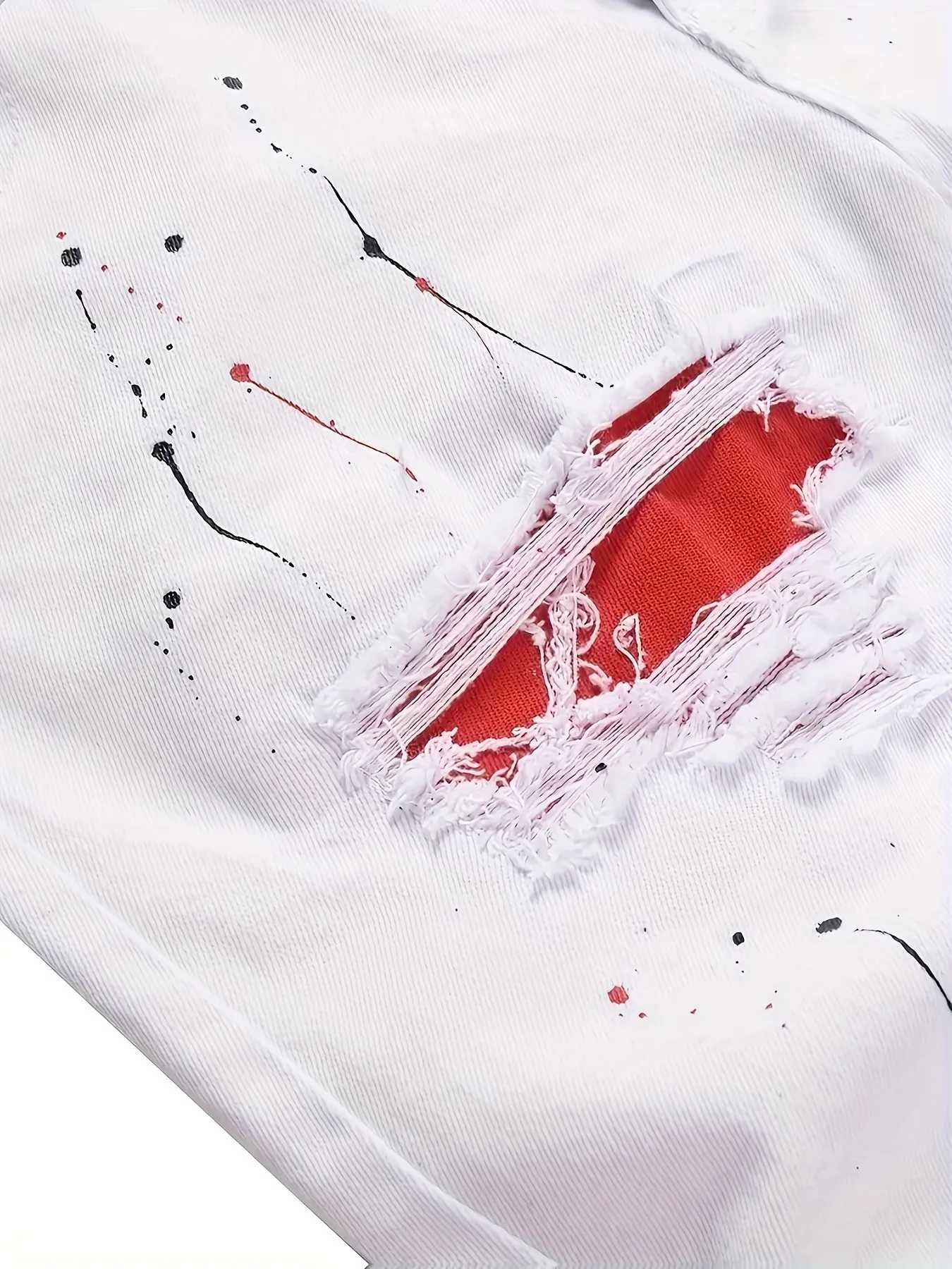 Mens jeans blue patch tear elastic regular black jeans pants X2507181