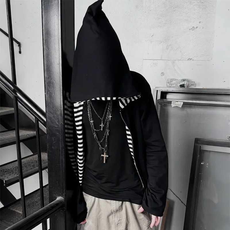 2K Fashion Trend Hoodie Black White Horizontal Striped Pointed Hood Design Zip Hoodie Gothic Men Women Punk Casual Streetwear X2507181