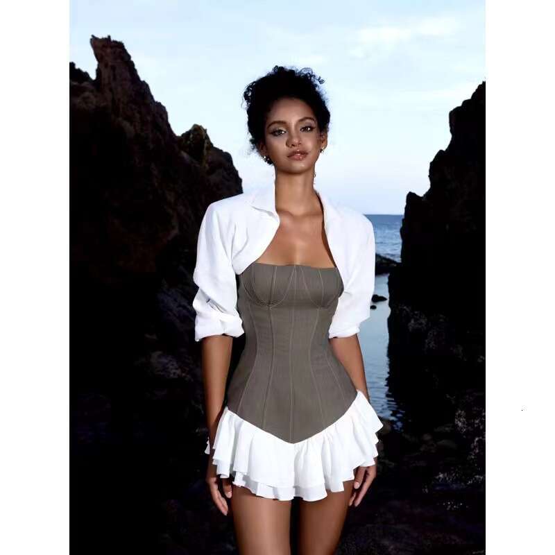 Vietnam Niche Design American Style Spicy Girl Color-Block Waist-Cinching Ruffle Short Skirt Patchwork Strapless Dress Set For Women B5