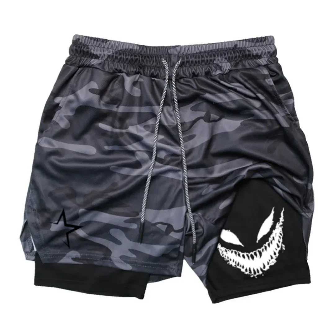 Mens breathable and quick-drying sports shorts with Devil smile print 2-in- performance shorts and a mobile phone pocket W250718