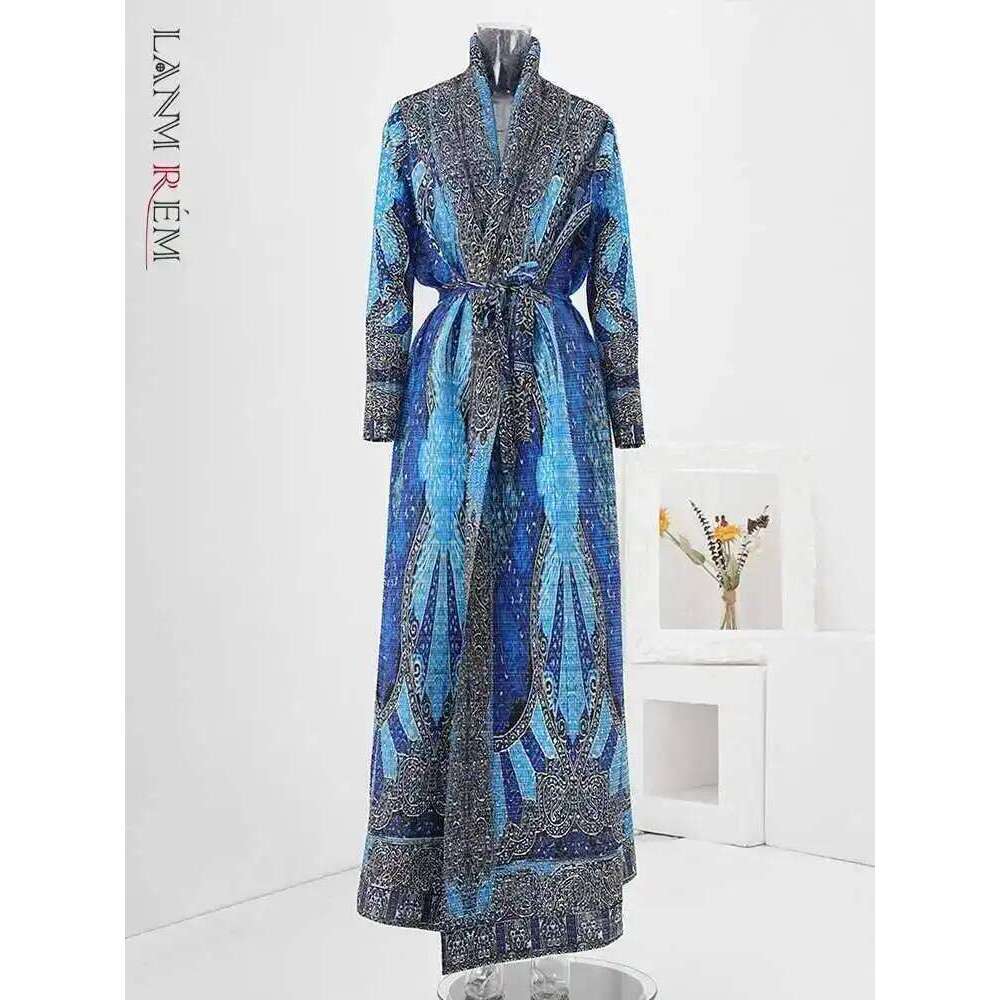 LANMREM Fashion Print Design Pleated Long Coat Women Scraf Collar Belt Gathered Waist Windbreaker 2024 Autumn New 32C1489