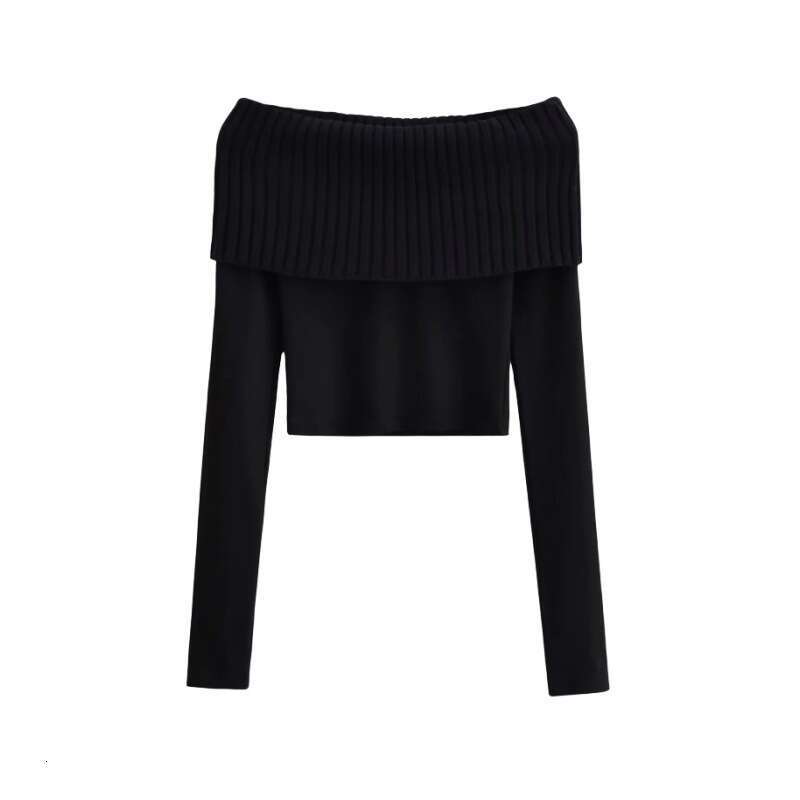 American Style Spicy Girl Sexy Off-Shoulder Knitted Patchwork Cuffed Long Sleeve T-Shirt Ultra Short Crop Top B5