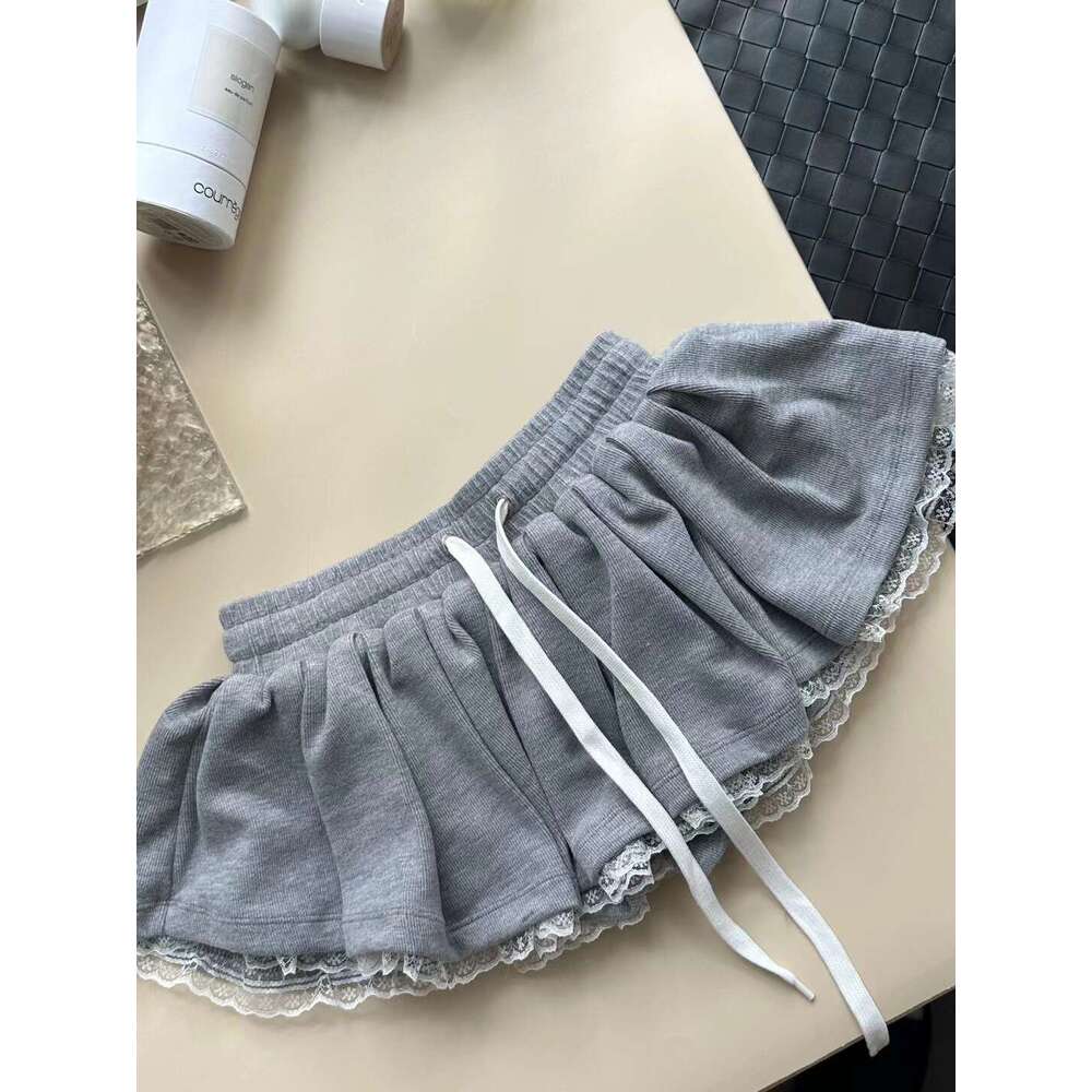 Jennie Zhao Meiyan Same Style Gray Pleated Low Waist Pants Lace Top Sexy Hot Girl Half Skirt Set For Women B5