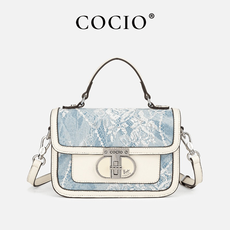 COCIO designer Shoulder Bags denim blue lace embroidered hand-held small square bag lock buckle fashionable leather crossbody shoulder bag