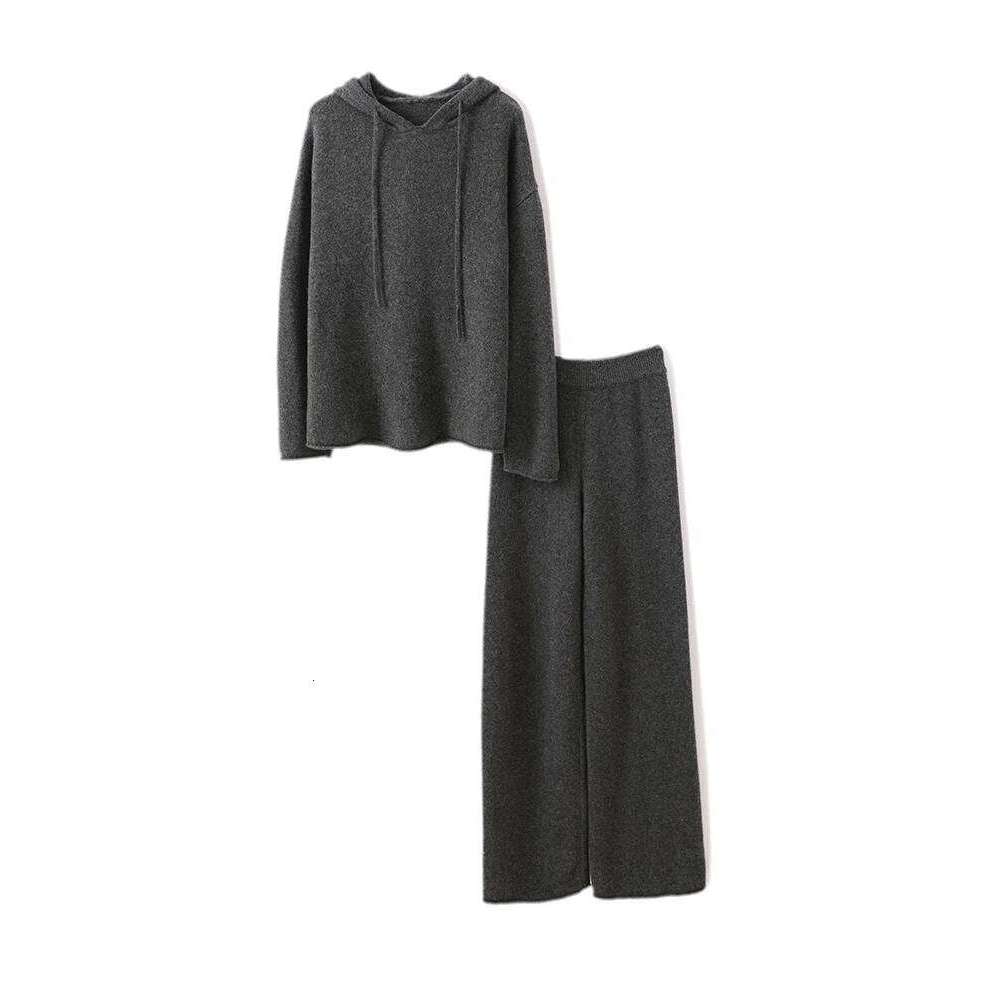 Women Hooded Pullover Straight Pant Suit Autumn Winter 100% Merino Wool Knitwear Sweater Pants Casual Loose Set Clothes