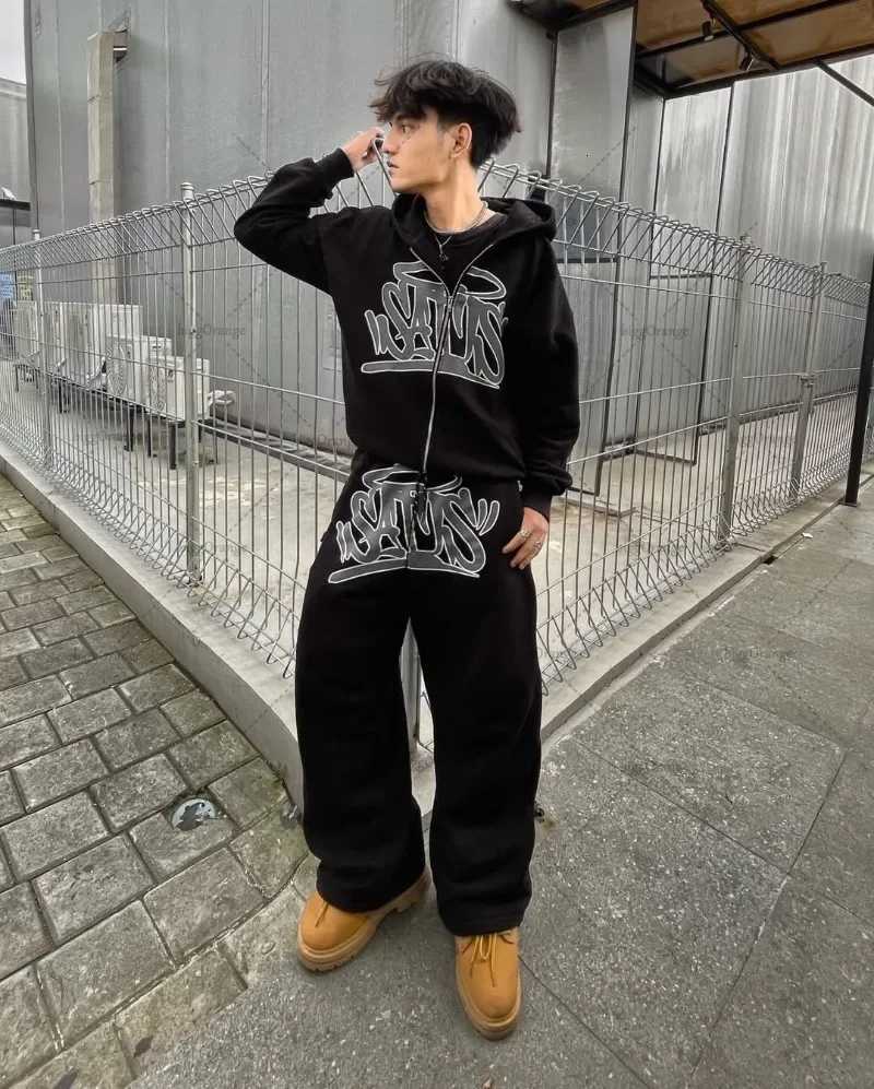 Hip Hop Rock Gothic Punk Oversized Zipper Hoodie Set Men Y2k Harajuku Vintage American Letter Print Pants Wide Leg Pants Women X250718