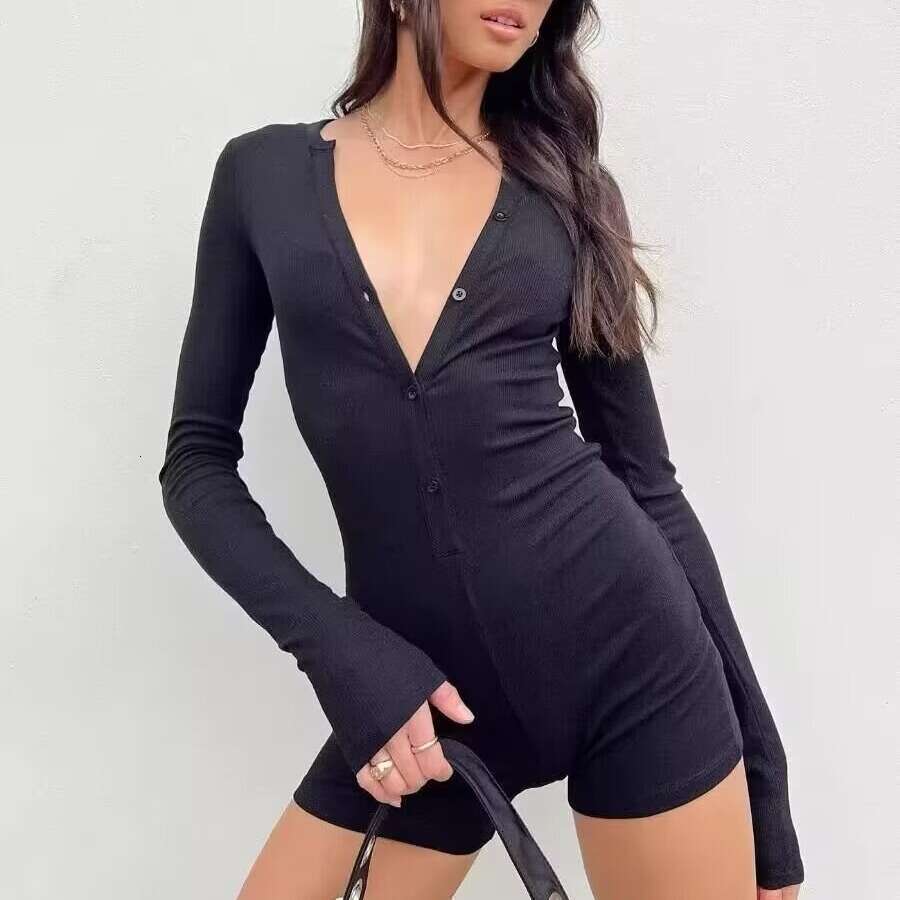 Ins Hot Girl Round Neck Buttoned Spring New Vacation Slim Fit Stretch Jumpsuit Short Style B5