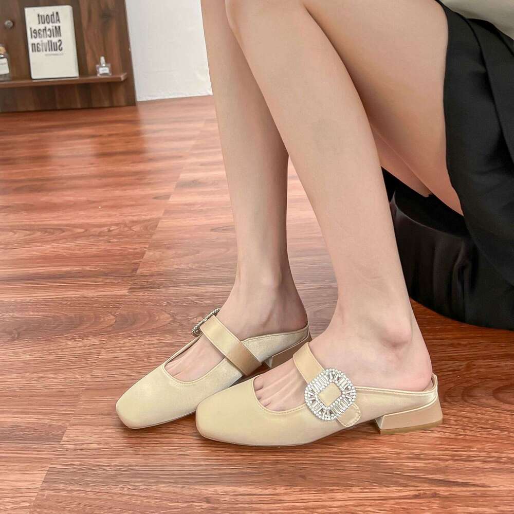 Designer Sparkling Diamond Buckle Small Square Toe Wide Strap Commuting Versatile Low Heel Elegant Half Slip-On Women's Closed-Toe Lazy Shoes