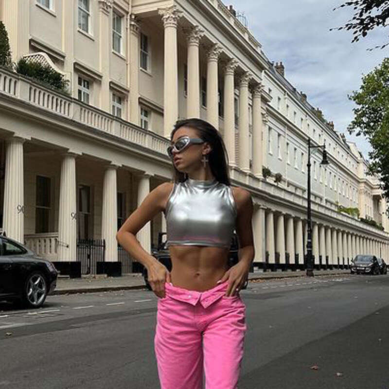 Summer New Style Shiny Patent Leather High Neck Slim Stage Performance Dress Women's Sleeveless Vest B5