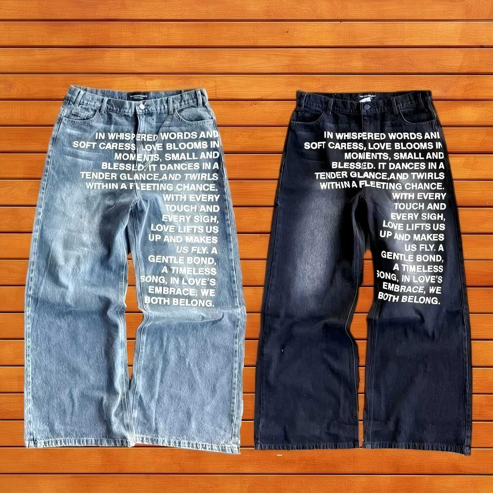 Blue Jeans Vintage Fashion Y2K Wide Leg Pants Harajuku Hip Hop Streetwear Letter Printing Jeans Gothic Black Baggy Casual Pants X250718