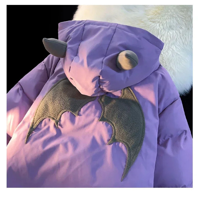 Winter Cotton Jacket Devil Wing Embroidery Bread Jackets Mens Womens Vintage Harajuku Casual Loose Hooded Cotton-padded 250715