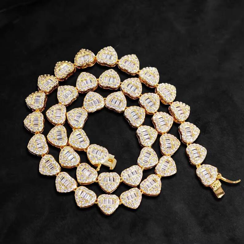 Full Iced Out Tennis Chain Heart Shape Cluster Baguette Hiphop 925 Silver Moissanite Tennis Chain