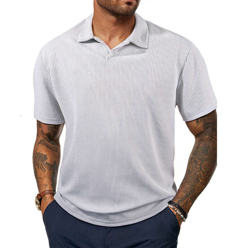 Summer New Polo Shirt Short Sleeve Top Fine Striped Turn-Down Collar T-Shirt European Size Men's Clothing B5