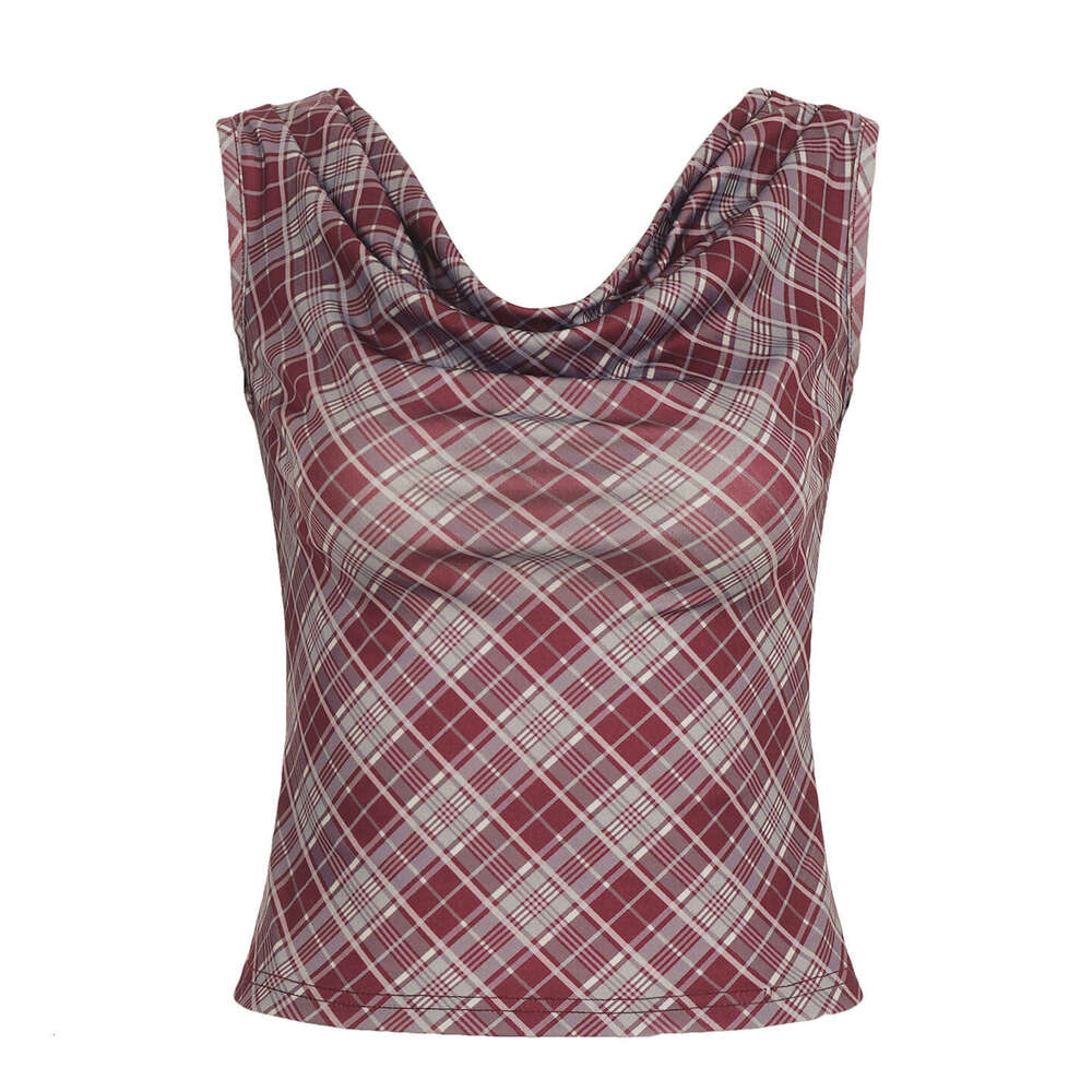 Red Plaid Asymmetrical Neckline Off-Shoulder Vest Summer Sexy Backless Short Sleeveless Outerwear Top B5