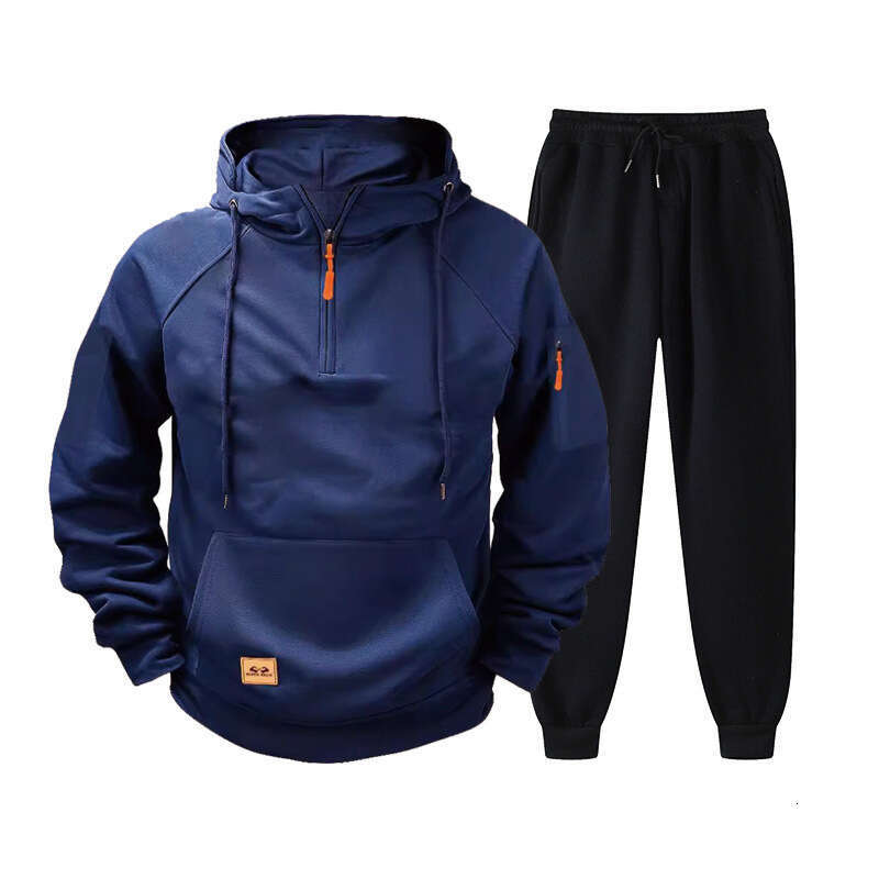 Zipper Pullover Sports Set Fashion Multi-Pocket Fleece Men's Hoodie Sweatpants B5