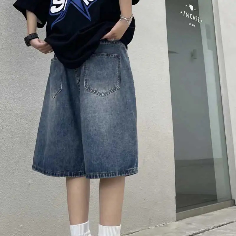 High Street Retro Blue Jeans Short Summer Baggy Wide Leg Denim Half Pants Fashion Streetwear Y2k Clothing Oversize 250714