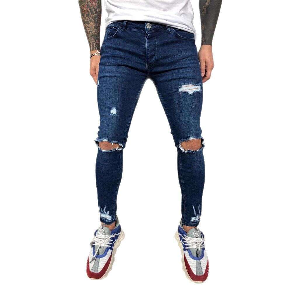 Fashion Ripped Stretch Skinny Pants Unique Torn Men's Jeans B5