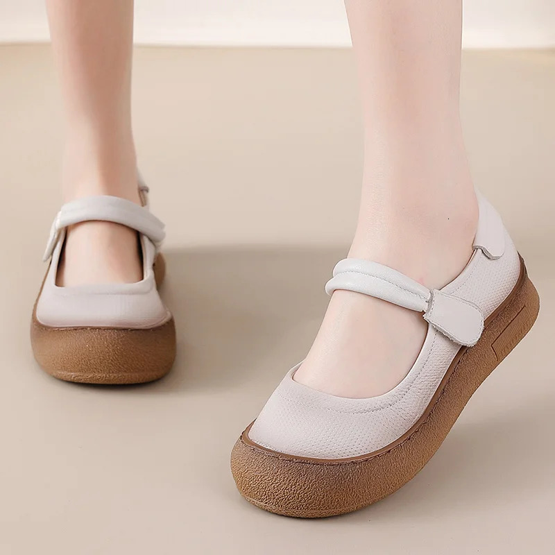 Womens Genuine Leather Comfort Flats Hollow Mary Jane Shoes Fashion Lightweight Soft Hook Loop Nurse Women Strap Moccasins 250717