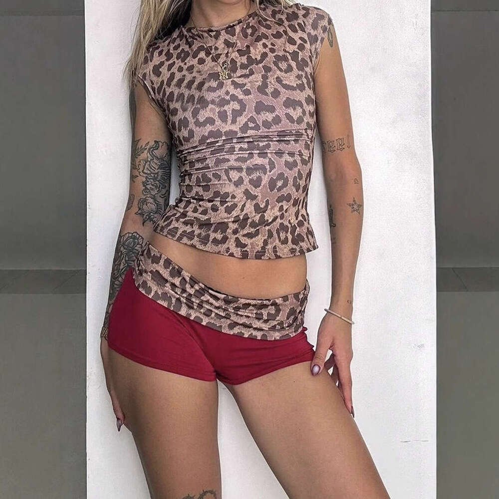 Leopard Print Slim Sexy Cuffed Shorts Street Style Hot Girl Fashion Summer Two-Piece Set B5 g5