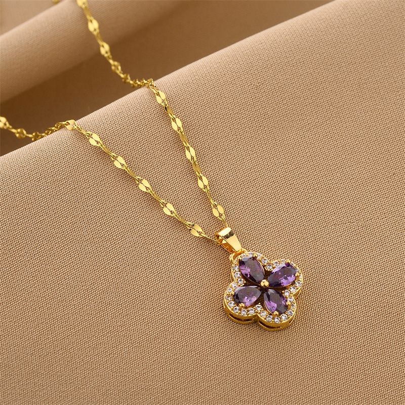Micro Pave Zircon Violet Four-Leaf Clover Pendant Accessory Titanium Steel Necklace for Women Light Versatile Collarbone Chain ddmythur