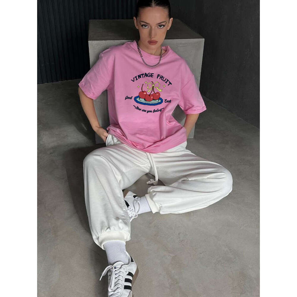 Ins Style Printed T-Shirt For Women, Summer New Versatile Loose Round Neck Pure Cotton Short Sleeve Top B5 j7