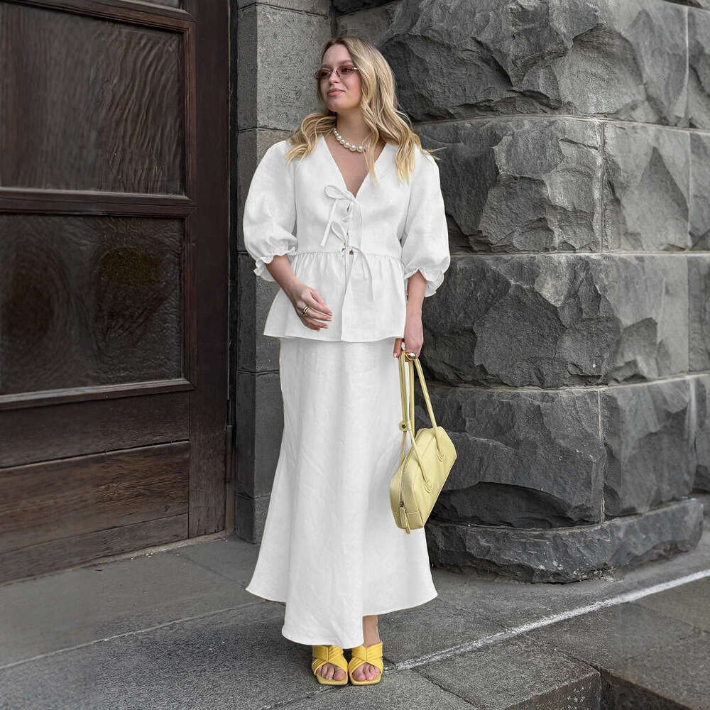 V-Neck Summer New Ruffle Short Sleeve Midi Skirt Set B5