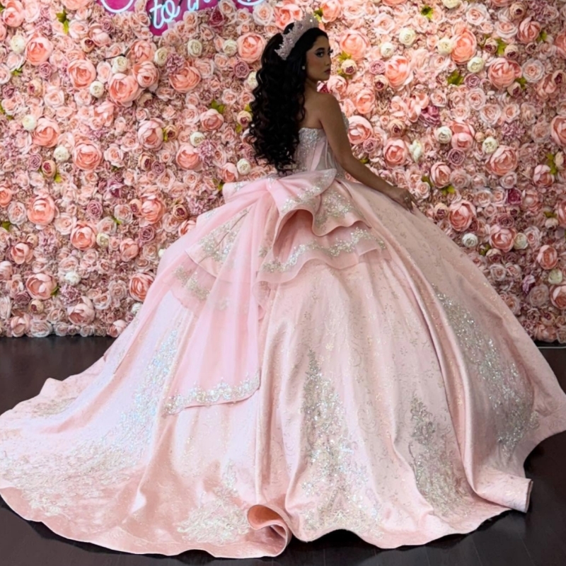Pink Shiny Quinceanera Dresses Ball Gown Off The Shoulder Sequin Applique Lace Beads Bow Tull Corset Party Birthday Sweet 16 Dress Vestidos 15 Anos