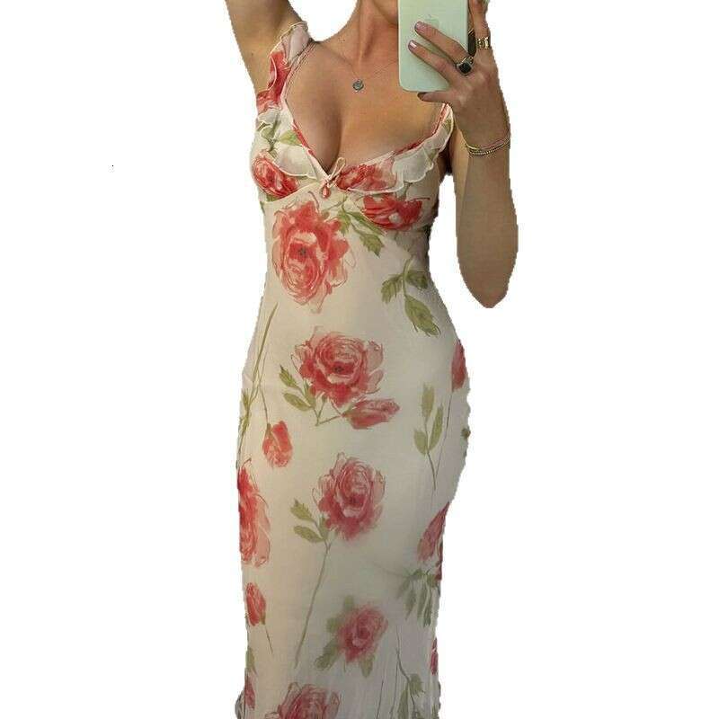 French Vacation Style Floral Print Mesh V-Neck Sexy Summer Strap Slim Long Dress B5 g5