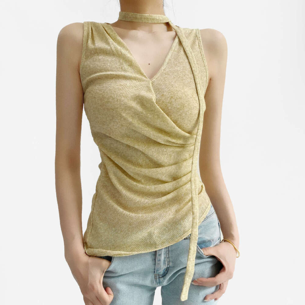 Asymmetric Pleated Halter Neck Sleeveless Tank For Women Summer New Style Outerwear Hot Girl Top B5