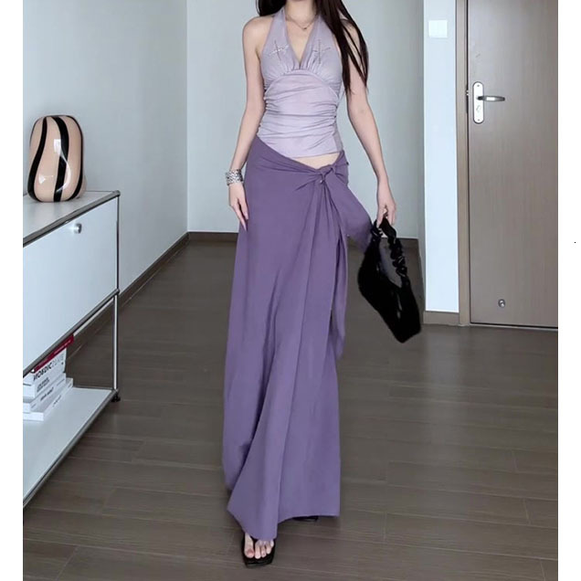 Sexy Hot Girl Style Purple Halter Neck Backless Camisole Top Women Summer New Low Waist Tie Hip-hugging Long Skirt Set