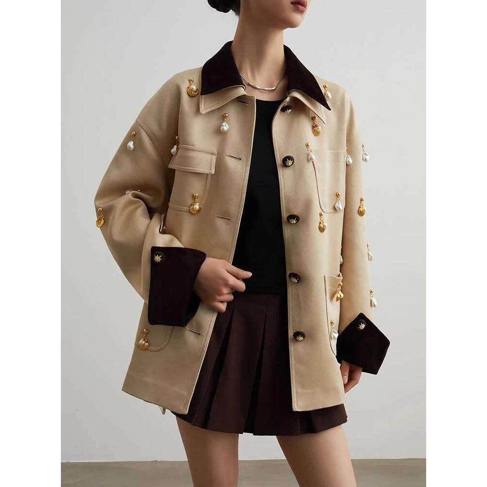 Elegant Women Pearl Embellished Jacket Long Sleeve Button Down Pocket Coat Contrast Collar Vintage Style Outerwear for Ladies